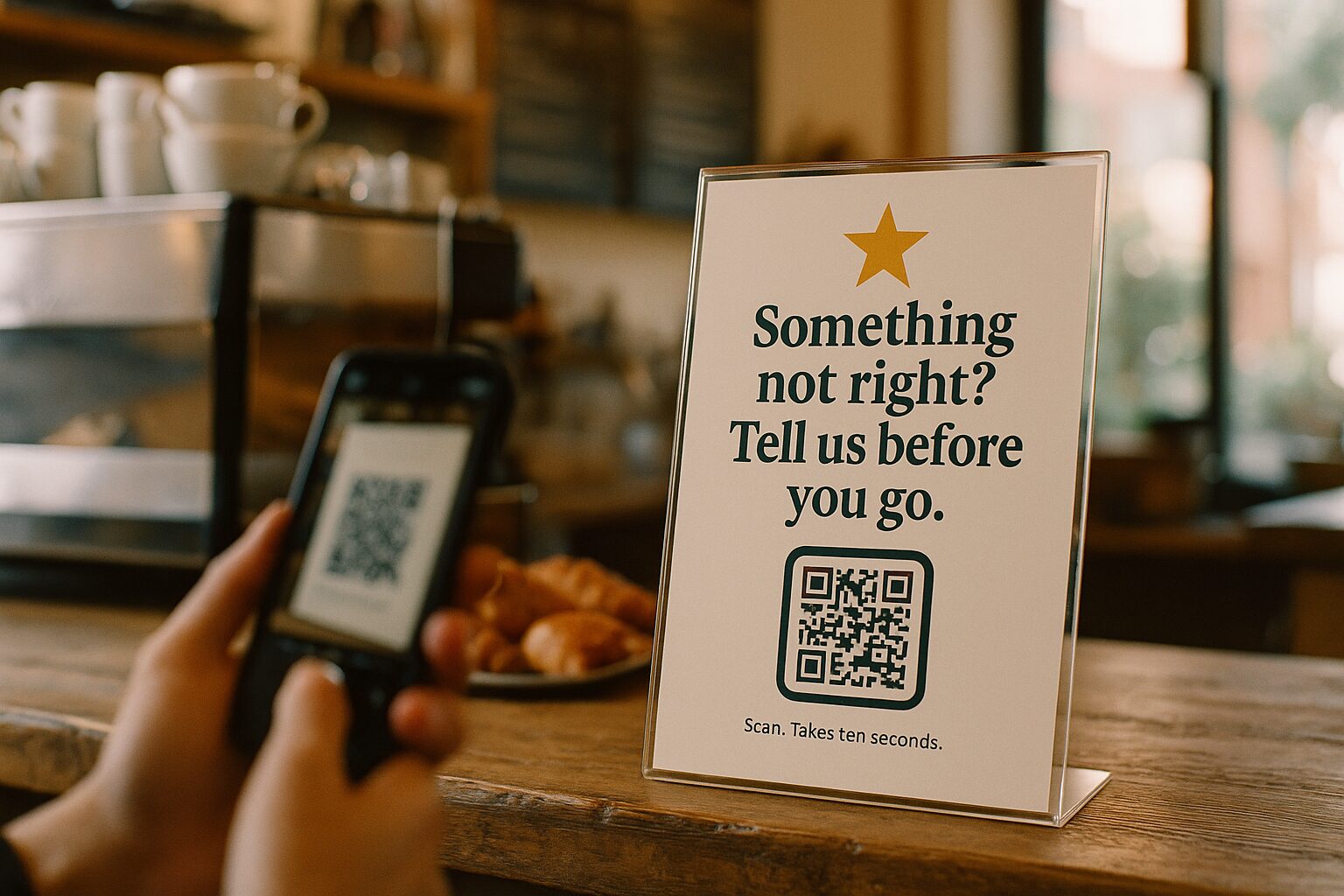 A customer holding up a phone to scan the QR code on a cafe counter sign that reads “Something not right? Tell us before you go.”