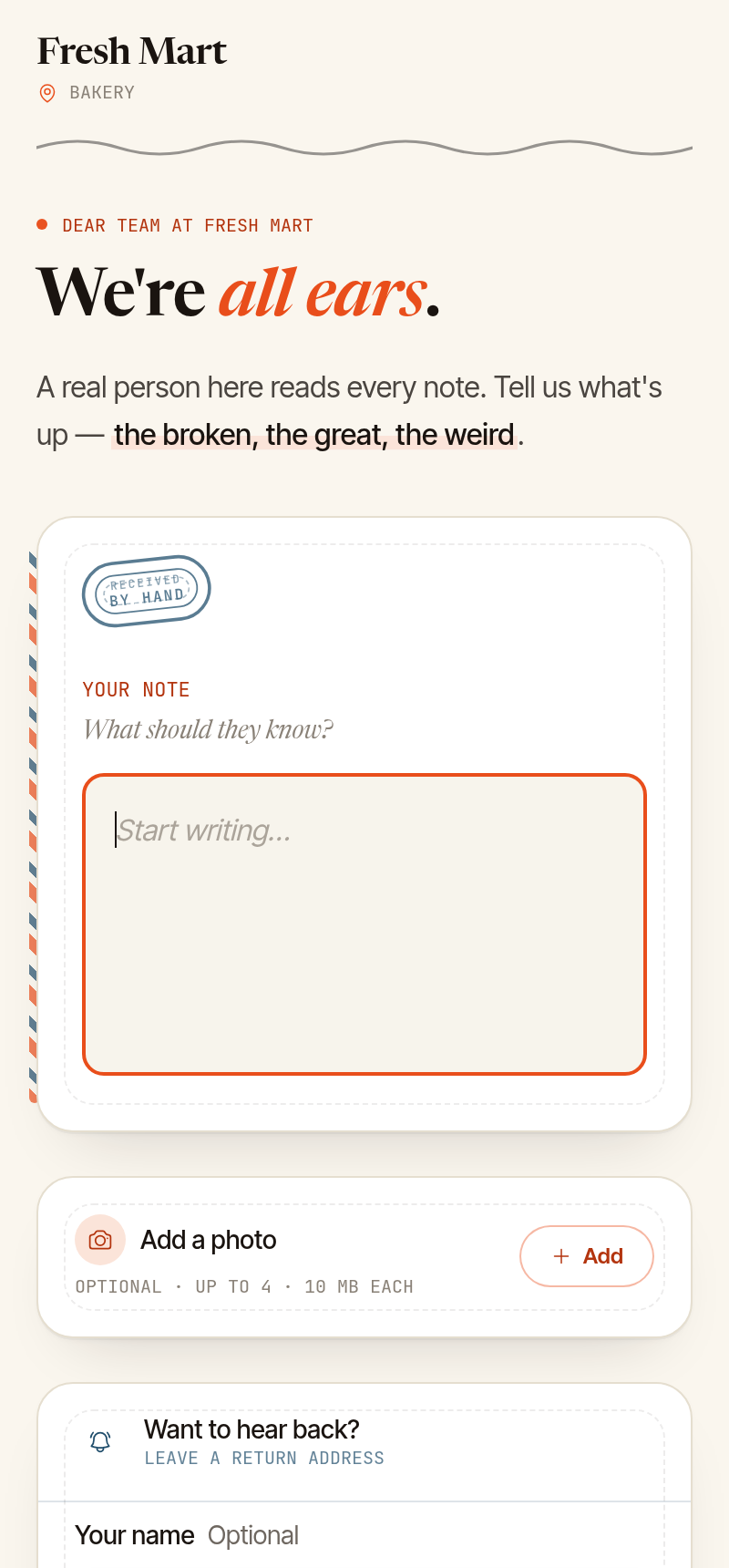 The page a customer sees after scanning the QR code: a note field to say what happened, a button to add a photo, and an optional field for their name and number if they want to hear back.